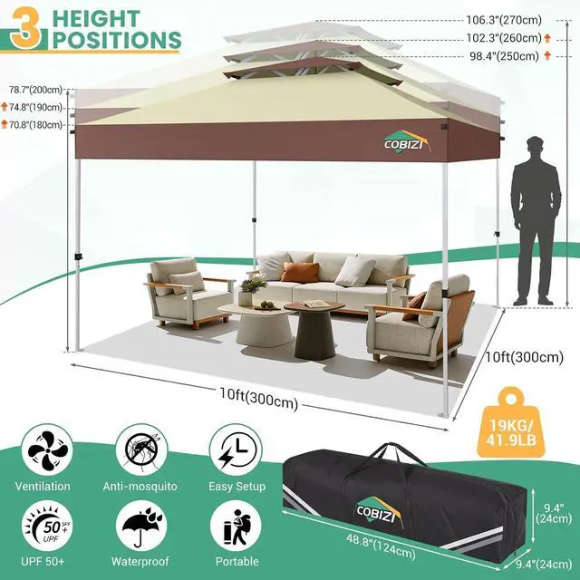 Alt view image 7 of 7 - 10x10 Pop Up Gazebo with Mosquito Netting, Double Roof, Khaki&Brown