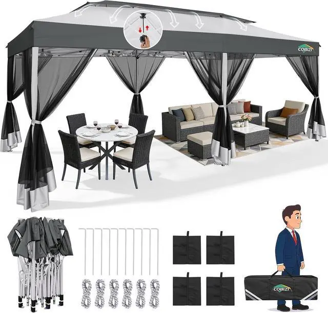 Main image of 10x20 Pop Up Gazebo with Mesh Netting, Double Roof, Light Gray&Gray