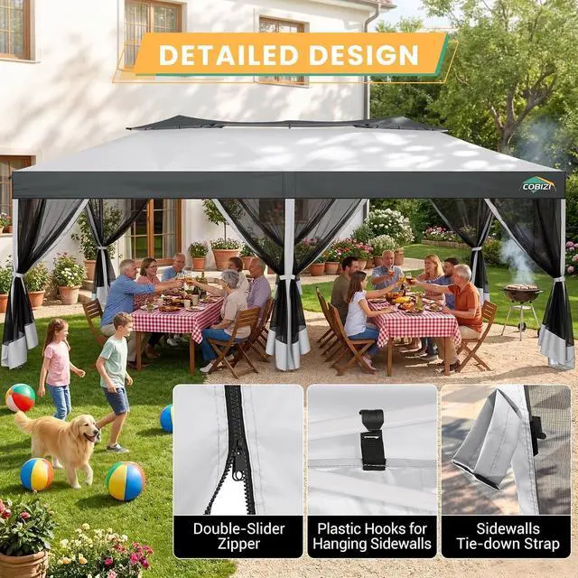 Alt view image 4 of 7 - 10x20 Pop Up Gazebo with Mesh Netting, Double Roof, Light Gray&Gray