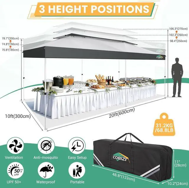 Alt view image 6 of 7 - 10x20 Pop Up Gazebo with Mesh Netting, Double Roof, Light Gray&Gray