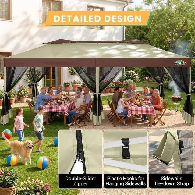 Alt view image 4 of 7 - 10x20 Pop Up Gazebo with Mosquito Netting, Double Roof, Khaki&Brown