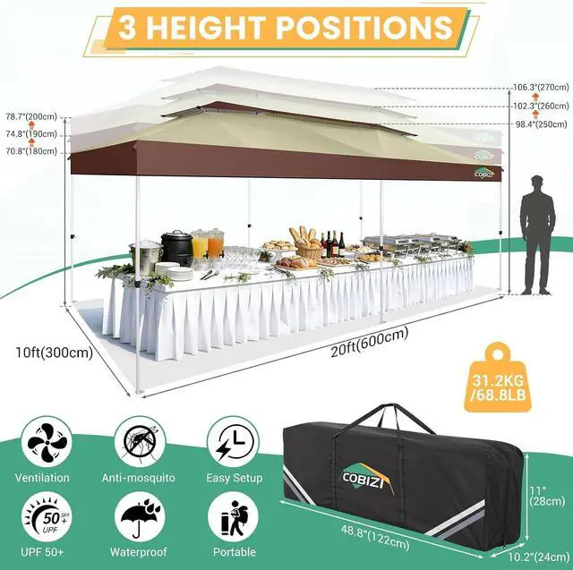 Alt view image 6 of 7 - 10x20 Pop Up Gazebo with Mosquito Netting, Double Roof, Khaki&Brown