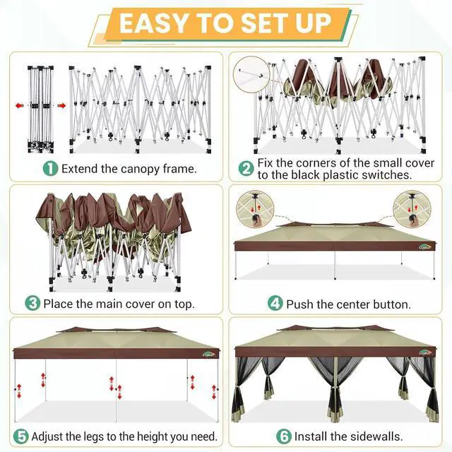 Alt view image 7 of 7 - 10x20 Pop Up Gazebo with Mosquito Netting, Double Roof, Khaki&Brown