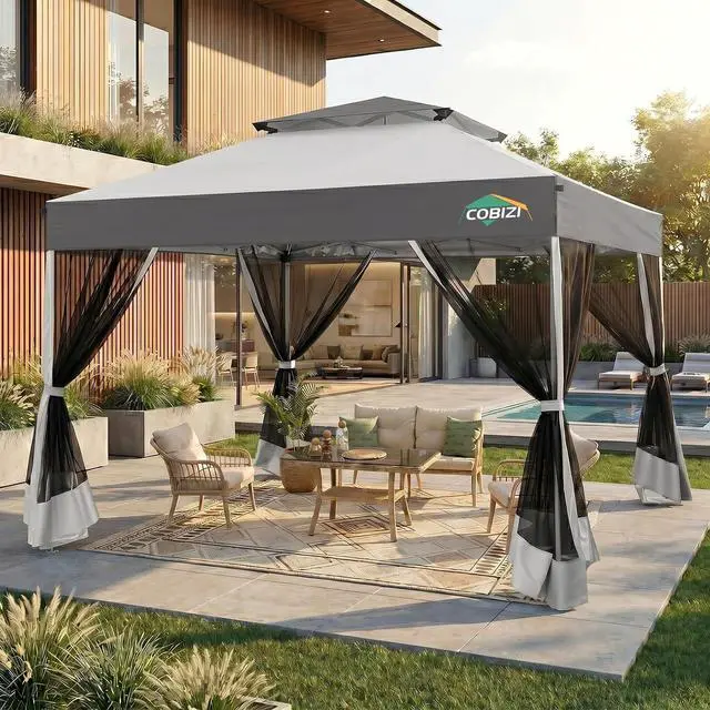 Main image of 10x10 Pop Up Gazebo with Mosquito Netting,Double Roof,Dark Gray&Gray