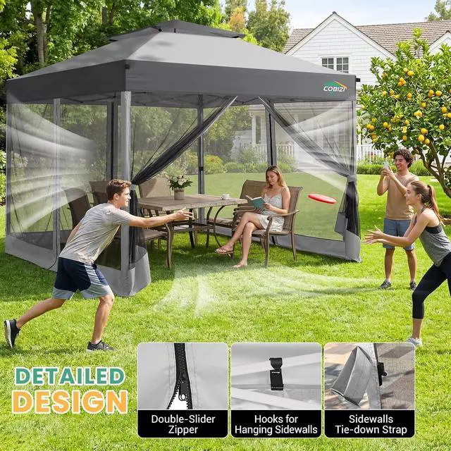 Alt view image 4 of 7 - 10x10 Pop Up Gazebo with Mosquito Netting,Double Roof,Dark Gray&Gray