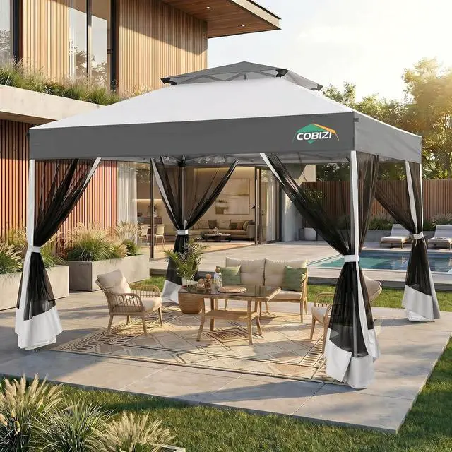 Main image of 10x10 Pop Up Gazebo with Mesh Netting, Double Roof, Light Gray&Gray