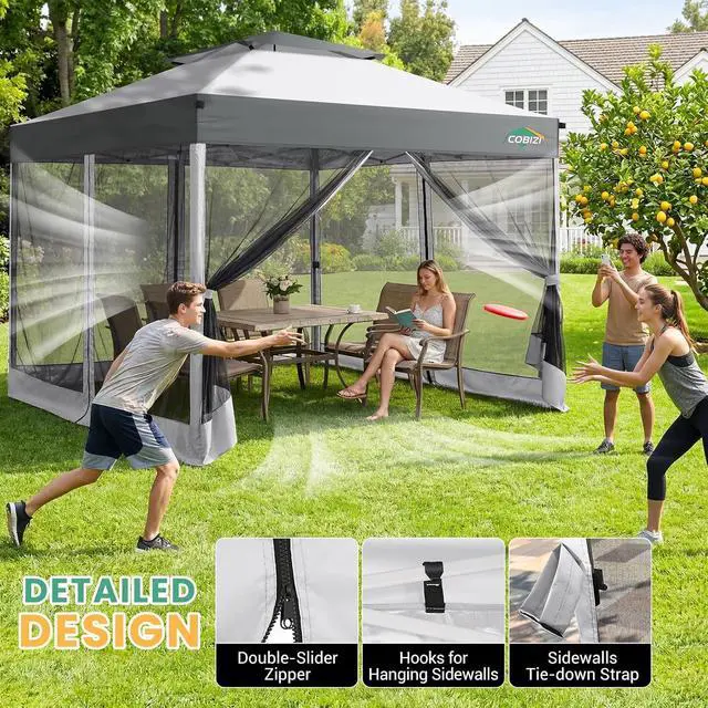 Alt view image 4 of 7 - 10x10 Pop Up Gazebo with Mesh Netting, Double Roof, Light Gray&Gray