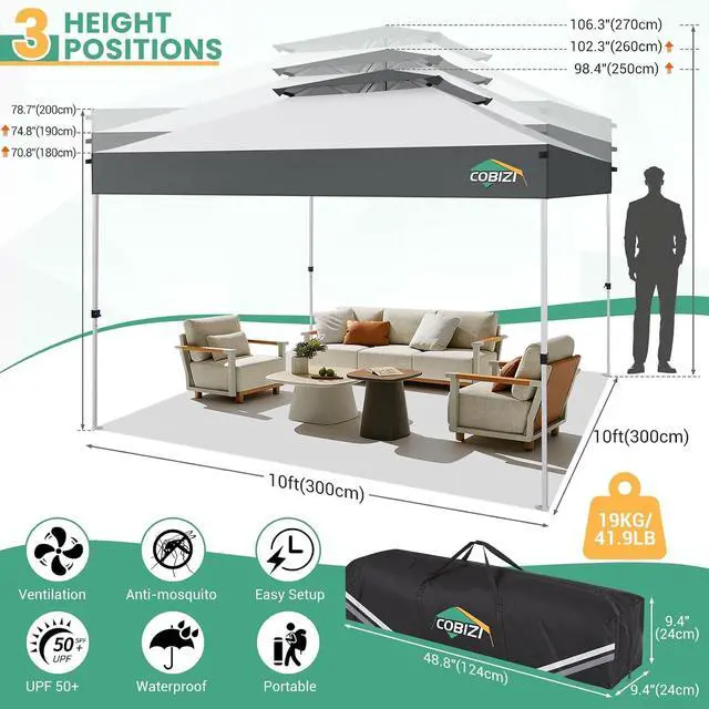 Alt view image 6 of 7 - 10x10 Pop Up Gazebo with Mesh Netting, Double Roof, Light Gray&Gray