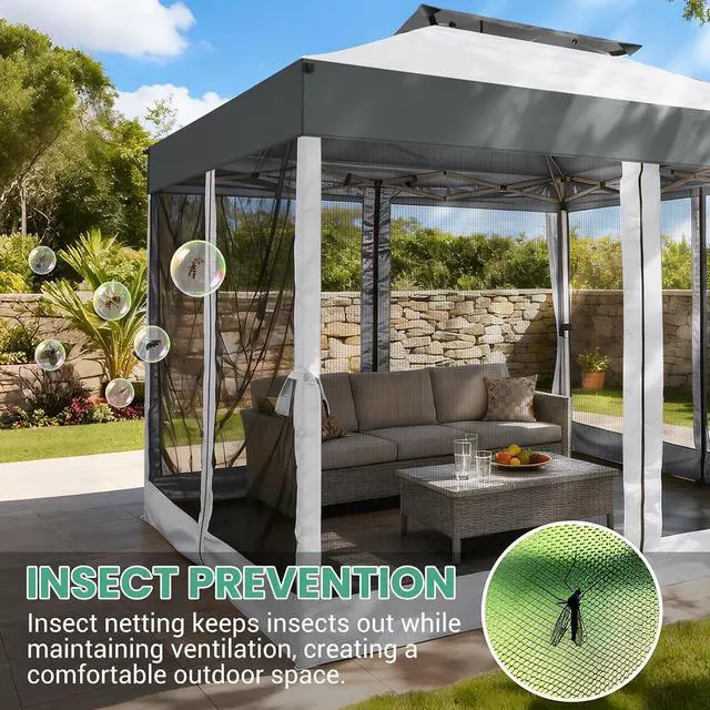 Alt view image 3 of 7 - 10x10 Pop Up Gazebo with Mesh Netting, Double Roof, Light Gray&Gray