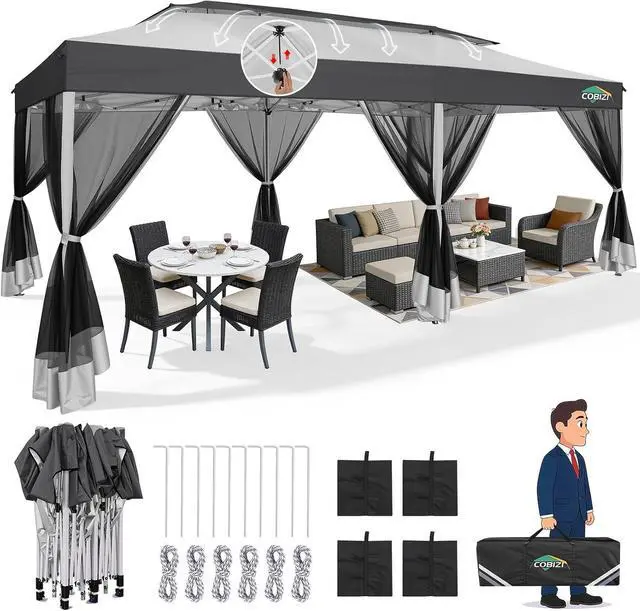 Main image of 10x20 Pop Up Gazebo with Mesh Netting, Double Roof, Dark Gray&Gray