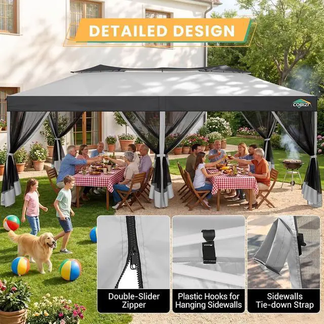 Alt view image 4 of 7 - 10x20 Pop Up Gazebo with Mesh Netting, Double Roof, Dark Gray&Gray