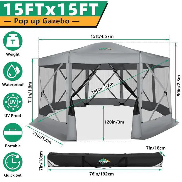 Alt view image 5 of 7 - 15x15 Pop Up Gazebo, Screen Tent with Carry Bag & Stakes, Gray