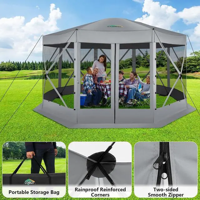 Alt view image 4 of 7 - 15x15 Pop Up Gazebo, Screen Tent with Carry Bag & Stakes, Gray