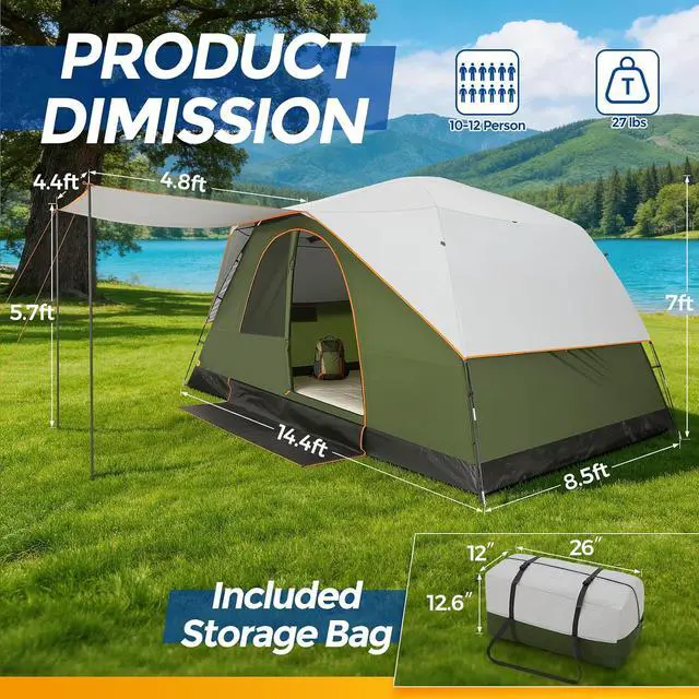 Alt view image 2 of 7 - 10-12P Camping Tent with Rainfly, Waterproof & Windproof, Deep Green