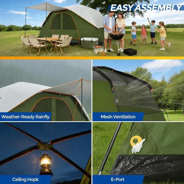 Alt view image 3 of 7 - 10-12P Camping Tent with Rainfly, Waterproof & Windproof, Deep Green