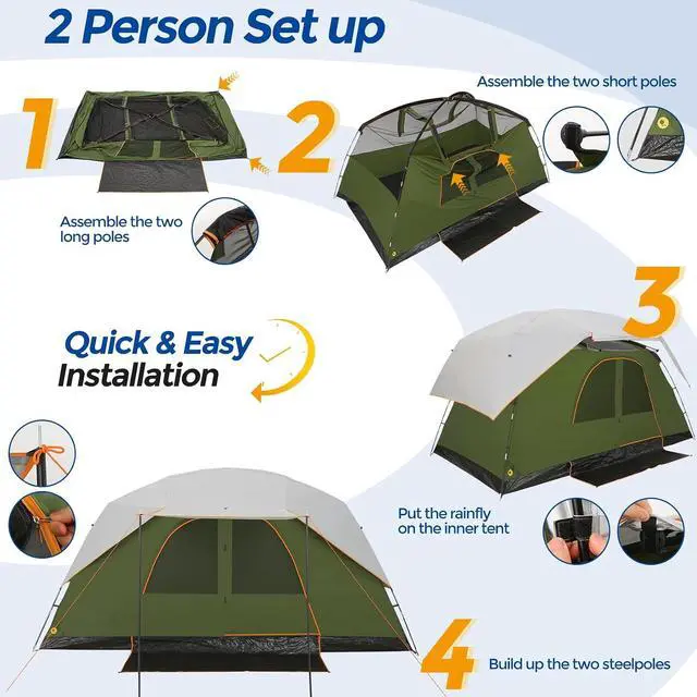 Alt view image 4 of 7 - 10-12P Camping Tent with Rainfly, Waterproof & Windproof, Deep Green