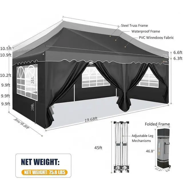Alt view image 2 of 7 - Carport 10x20 Portable Garage, 2.0 Powder Coated Frame, Pop Up Canopy with 6 Sidewalls, Waterproof Shelter with Removable Sidewalls & Windows, Built-in Sandbags, for Car/Boat/SUV, Black