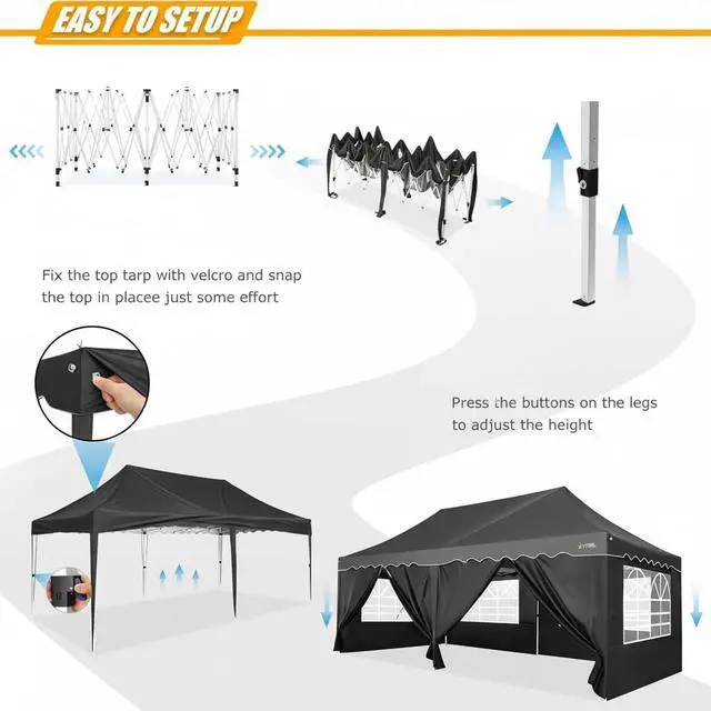 Alt view image 3 of 7 - Carport 10x20 Portable Garage, 2.0 Powder Coated Frame, Pop Up Canopy with 6 Sidewalls, Waterproof Shelter with Removable Sidewalls & Windows, Built-in Sandbags, for Car/Boat/SUV, Black