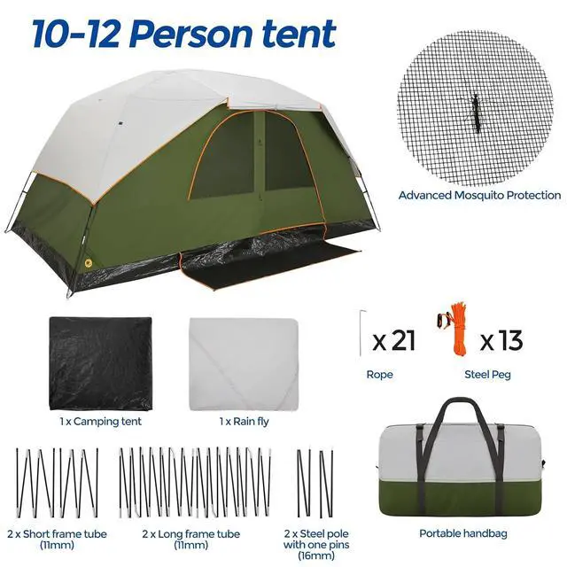 Alt view image 7 of 7 - 10-12P Camping Tent with Rainfly, Waterproof & Windproof, Deep Green