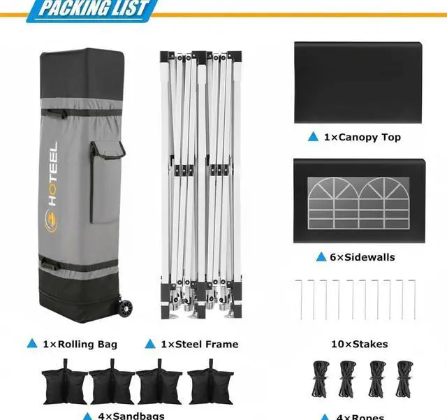 Alt view image 6 of 7 - Carport 10x20 Portable Garage, 2.0 Powder Coated Frame, Pop Up Canopy with 6 Sidewalls, Waterproof Shelter with Removable Sidewalls & Windows, Built-in Sandbags, for Car/Boat/SUV, Black
