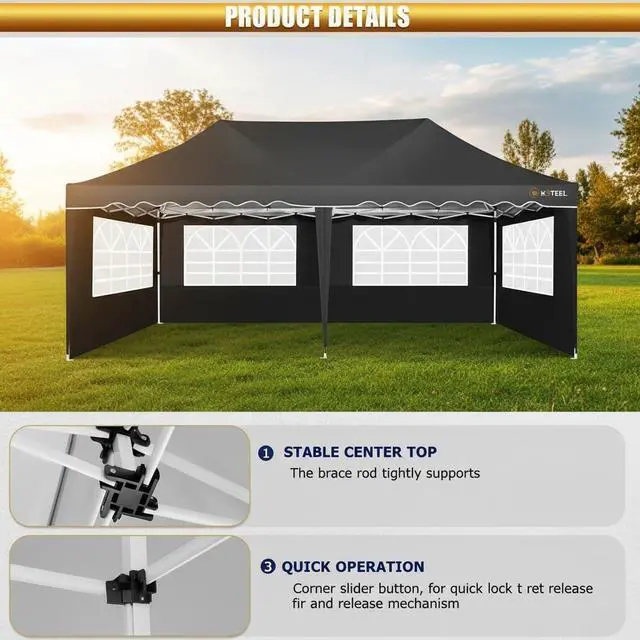 Alt view image 5 of 7 - Carport 10x20 Portable Garage, 2.0 Powder Coated Frame, Pop Up Canopy with 6 Sidewalls, Waterproof Shelter with Removable Sidewalls & Windows, Built-in Sandbags, for Car/Boat/SUV, Black