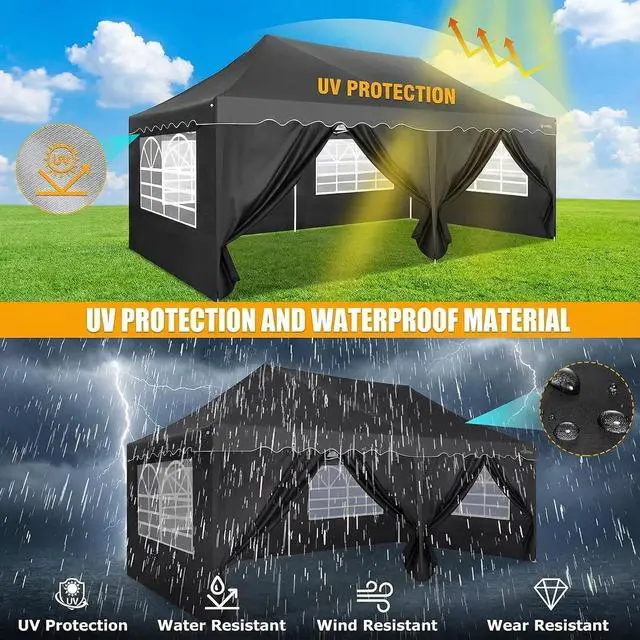 Alt view image 4 of 7 - Carport 10x20 Portable Garage, 2.0 Powder Coated Frame, Pop Up Canopy with 6 Sidewalls, Waterproof Shelter with Removable Sidewalls & Windows, Built-in Sandbags, for Car/Boat/SUV, Black