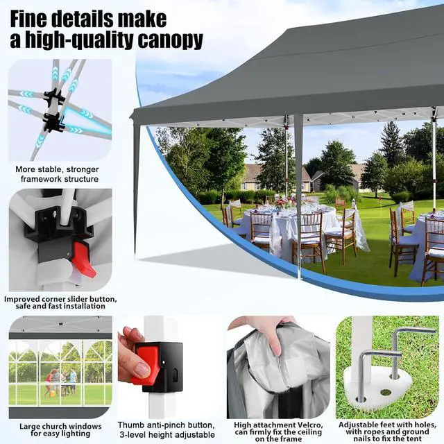 Alt view image 2 of 6 - 10x20 Pop Up Canopy with 6 Sidewall, Commercial Canopy UPF 50+ Waterproof Outdoor Gazebo with Carry Bag, Tents for Parties with Upgrade Frame, 3 Height Adjustable, Gray