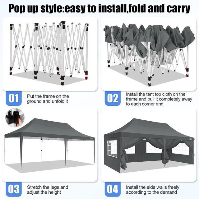 Alt view image 3 of 6 - 10x20 Pop Up Canopy with 6 Sidewall, Commercial Canopy UPF 50+ Waterproof Outdoor Gazebo with Carry Bag, Tents for Parties with Upgrade Frame, 3 Height Adjustable, Gray