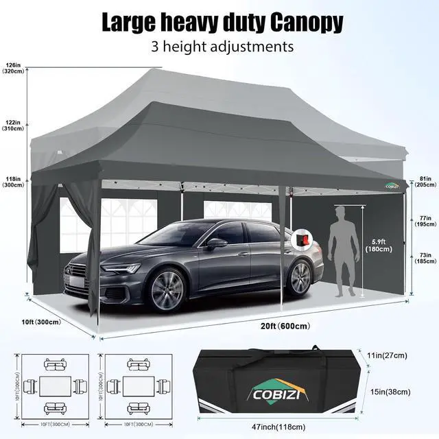 Alt view image 5 of 6 - 10x20 Pop Up Canopy with 6 Sidewall, Commercial Canopy UPF 50+ Waterproof Outdoor Gazebo with Carry Bag, Tents for Parties with Upgrade Frame, 3 Height Adjustable, Gray