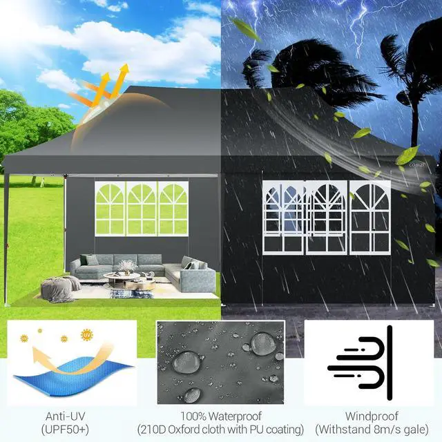 Alt view image 4 of 6 - 10x20 Pop Up Canopy with 6 Sidewall, Commercial Canopy UPF 50+ Waterproof Outdoor Gazebo with Carry Bag, Tents for Parties with Upgrade Frame, 3 Height Adjustable, Gray