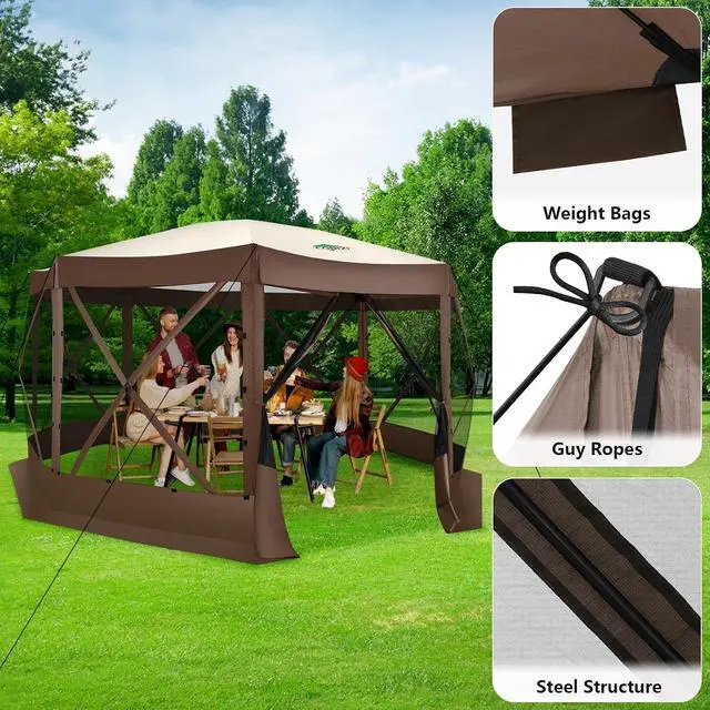 Alt view image 3 of 7 - 15x15 Pop Up Gazebo, Screen Tent with Carry Bag & Stakes, Brown
