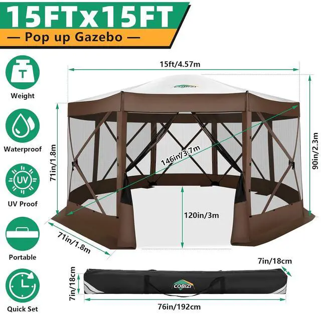 Alt view image 5 of 7 - 15x15 Pop Up Gazebo, Screen Tent with Carry Bag & Stakes, Brown