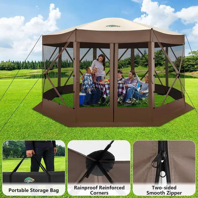 Alt view image 4 of 7 - 15x15 Pop Up Gazebo, Screen Tent with Carry Bag & Stakes, Brown