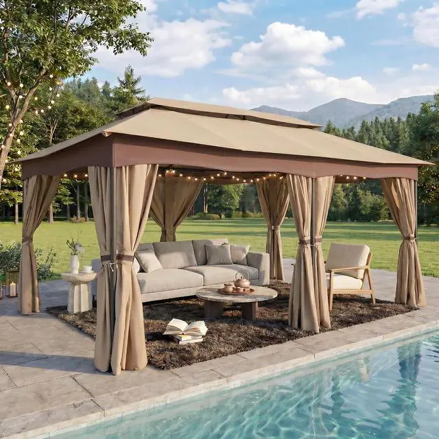 Main image of 12x20 Gazebo Heavy Duty Gazebos with Curtains Outdoor Gazebo Canopy Double Roof with Metal Steel Frame for Patio, Deck, BackyardKhaki