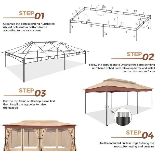 Alt view image 3 of 7 - 12x20 Gazebo Heavy Duty Gazebos with Curtains Outdoor Gazebo Canopy Double Roof with Metal Steel Frame for Patio, Deck, BackyardKhaki