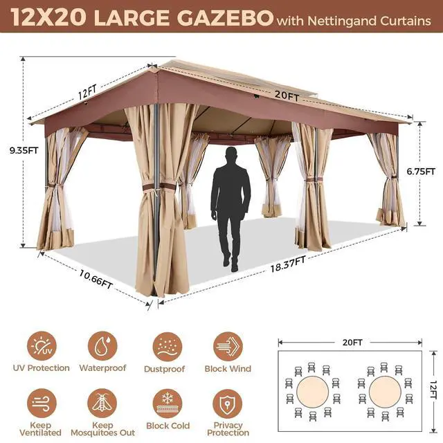 Alt view image 4 of 7 - 12x20 Gazebo Heavy Duty Gazebos with Curtains Outdoor Gazebo Canopy Double Roof with Metal Steel Frame for Patio, Deck, BackyardKhaki