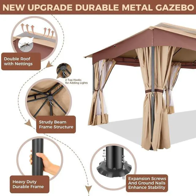 Alt view image 5 of 7 - 12x20 Gazebo Heavy Duty Gazebos with Curtains Outdoor Gazebo Canopy Double Roof with Metal Steel Frame for Patio, Deck, BackyardKhaki
