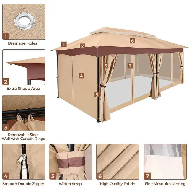 Alt view image 6 of 7 - 12x20 Gazebo Heavy Duty Gazebos with Curtains Outdoor Gazebo Canopy Double Roof with Metal Steel Frame for Patio, Deck, BackyardKhaki