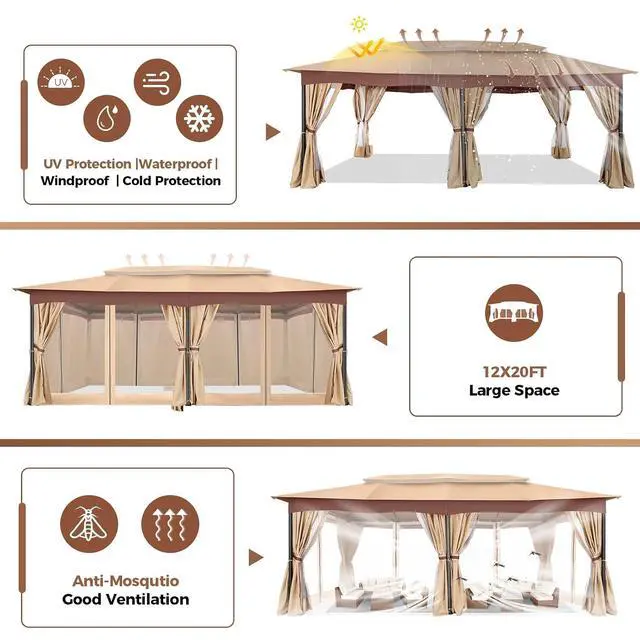 Alt view image 7 of 7 - 12x20 Gazebo Heavy Duty Gazebos with Curtains Outdoor Gazebo Canopy Double Roof with Metal Steel Frame for Patio, Deck, BackyardKhaki