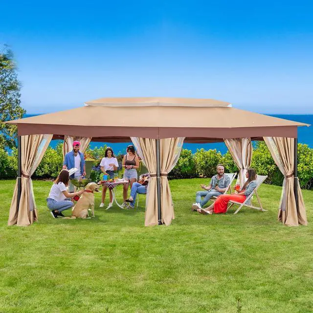 Alt view image 2 of 7 - 12x20 Gazebo Heavy Duty Gazebos with Curtains Outdoor Gazebo Canopy Double Roof with Metal Steel Frame for Patio, Deck, BackyardKhaki