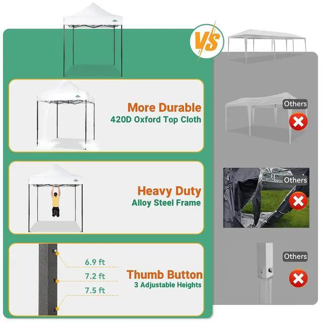 Alt view image 6 of 7 - 6.6x6.6 Pop up Canopy Tent Heavy Duty Without Sidewalls, Easy Set-up Commercial Outdoor Party Tent, 100% Waterproof Wedding TGazebo, 3 Height Adjustable with Carry Bag, White