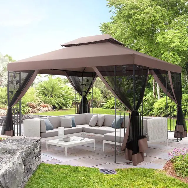 Alt view image 2 of 7 - Gazebo 10x13 Heavy Duty Gazebos with Improved Nettings Outdoor Gazebo Double Roof Patio Gazebos with Metal Steel Frame Outdoor Canopy for Patio, Deck, Backyard (Brown)