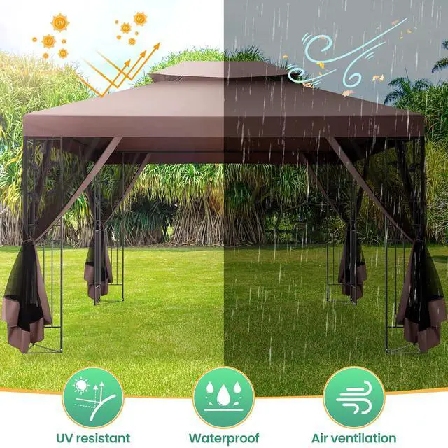 Alt view image 3 of 7 - Gazebo 10x13 Heavy Duty Gazebos with Improved Nettings Outdoor Gazebo Double Roof Patio Gazebos with Metal Steel Frame Outdoor Canopy for Patio, Deck, Backyard (Brown)