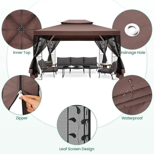 Alt view image 5 of 7 - Gazebo 10x13 Heavy Duty Gazebos with Improved Nettings Outdoor Gazebo Double Roof Patio Gazebos with Metal Steel Frame Outdoor Canopy for Patio, Deck, Backyard (Brown)