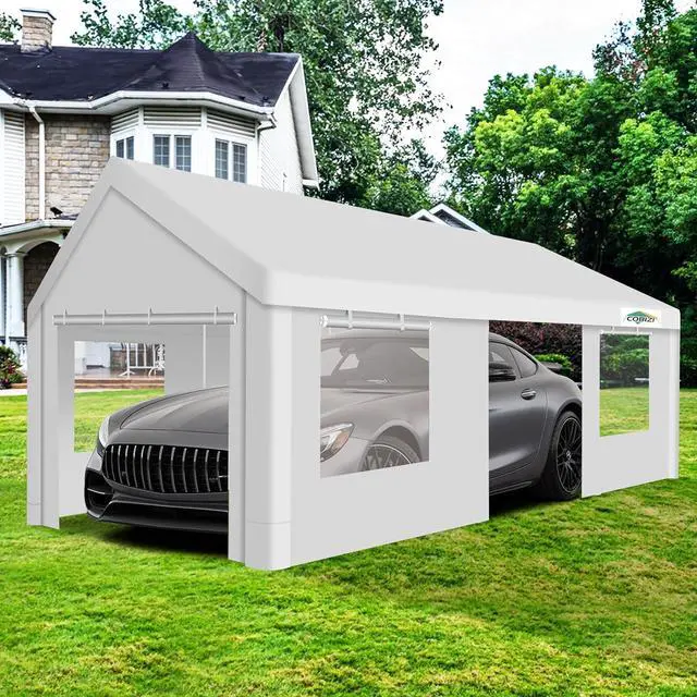 Alt view image 2 of 7 - Car Ports 12x20 Heavy Duty Portable Garage, Upgraded Car Canopy with Removable Sidewalls, Ventilated Windows & Built-in Sandbags, Waterproof All-Season Tarp, Car Tent for Truck, Boat, White