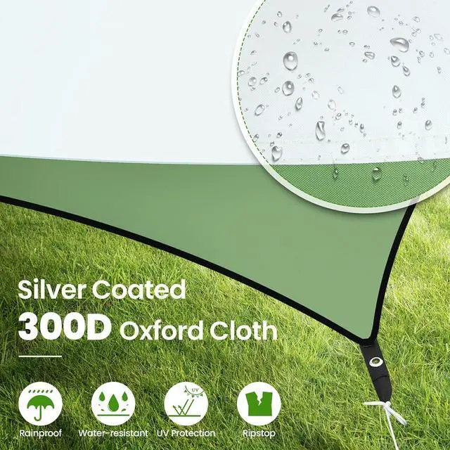 Alt view image 2 of 7 - HOTEEL Camping Tarp Rain Fly, 14×12FT Waterproof Camping Awning with 2 Poles for Tent Hammock Truck, Portable Camping Shade Sun Shelter for Camping, Picnic, Hiking, Backpacking (Green & Grey)
