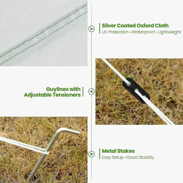 Alt view image 4 of 7 - HOTEEL Camping Tarp Rain Fly, 14×12FT Waterproof Camping Awning with 2 Poles for Tent Hammock Truck, Portable Camping Shade Sun Shelter for Camping, Picnic, Hiking, Backpacking (Green & Grey)