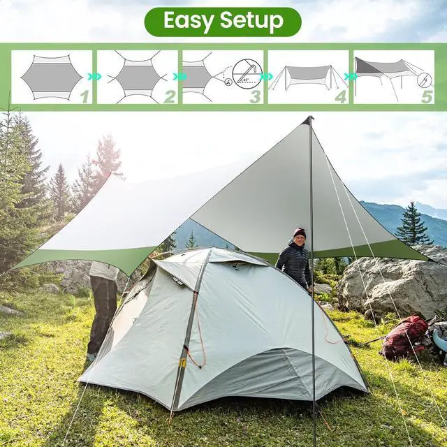 Alt view image 5 of 7 - HOTEEL Camping Tarp Rain Fly, 14×12FT Waterproof Camping Awning with 2 Poles for Tent Hammock Truck, Portable Camping Shade Sun Shelter for Camping, Picnic, Hiking, Backpacking (Green & Grey)
