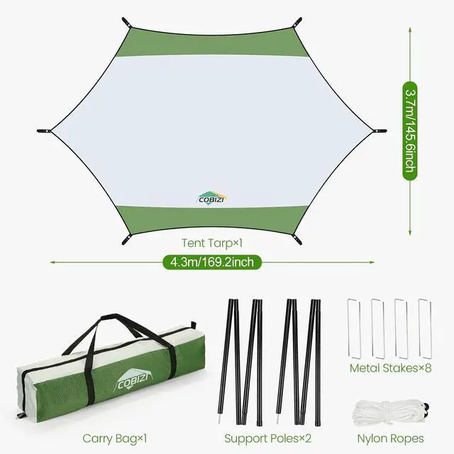 Alt view image 6 of 7 - HOTEEL Camping Tarp Rain Fly, 14×12FT Waterproof Camping Awning with 2 Poles for Tent Hammock Truck, Portable Camping Shade Sun Shelter for Camping, Picnic, Hiking, Backpacking (Green & Grey)