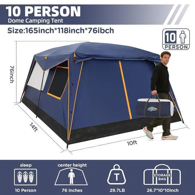 Alt view image 2 of 7 - 10 Person Camping Tent, Rainfly, Waterproof & Windproof, Deep Blue